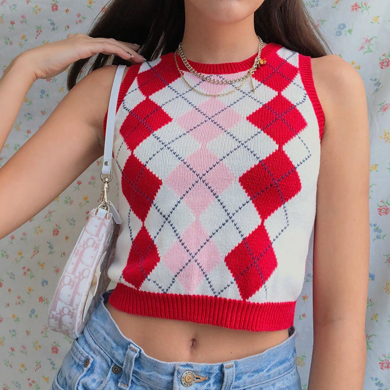 Women's Autumn Solid Color Plaid Bandage Dress Outer Sleeveless Vests