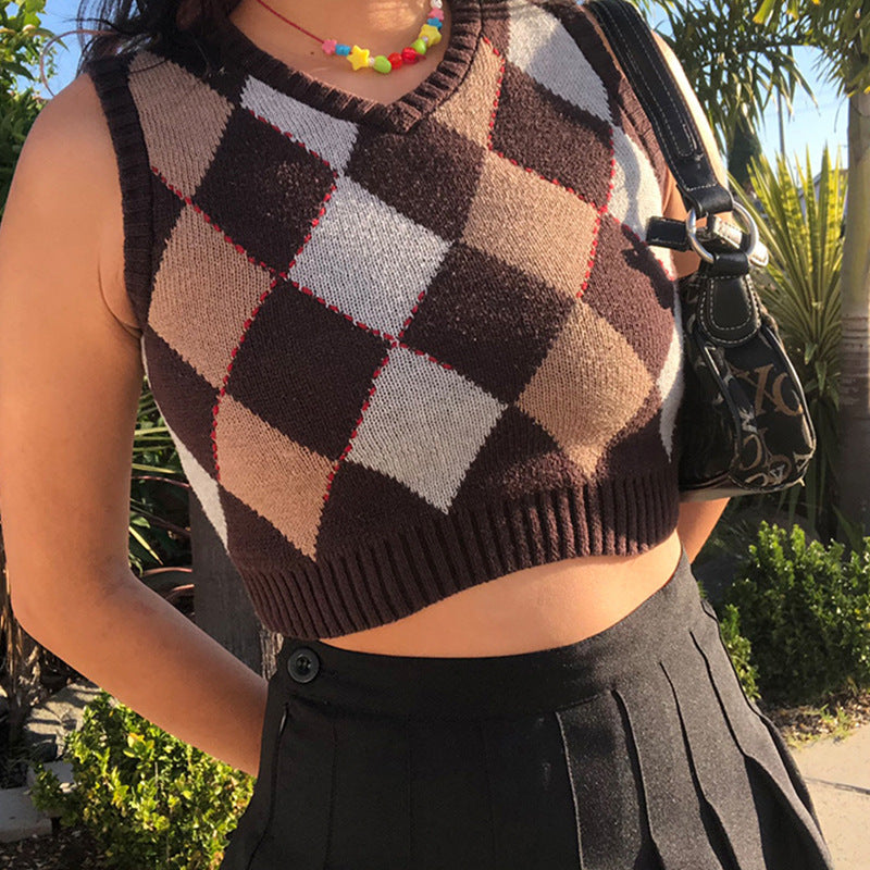Women's Autumn Solid Color Plaid Bandage Dress Outer Sleeveless Vests