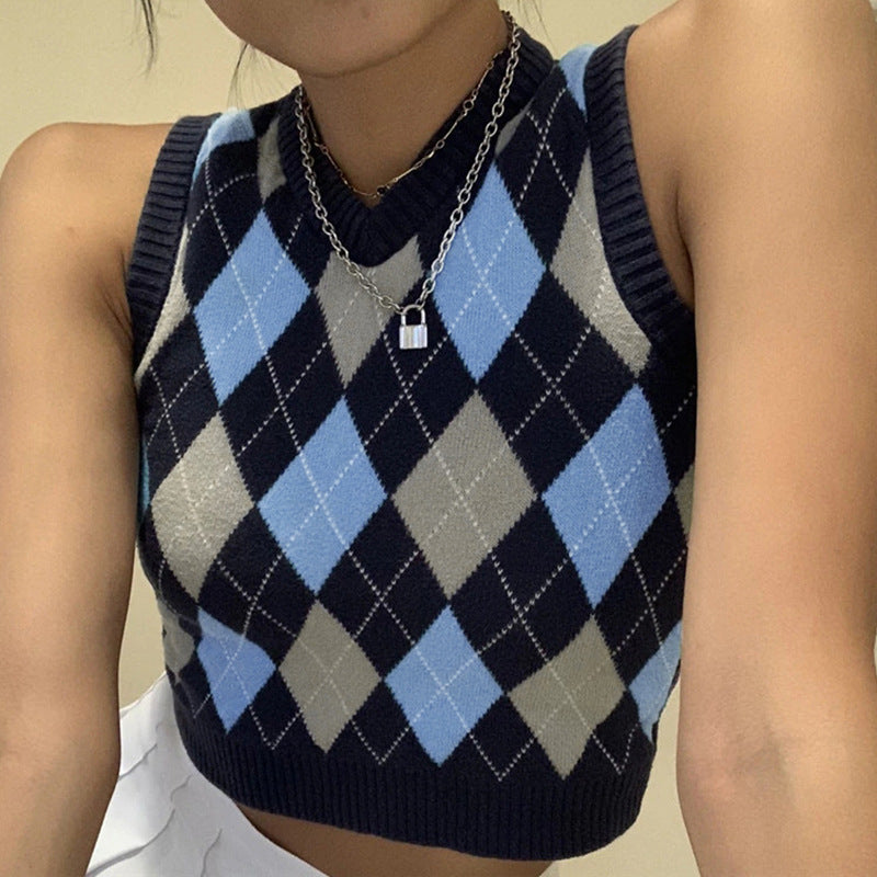 Women's Autumn Solid Color Plaid Bandage Dress Outer Sleeveless Vests