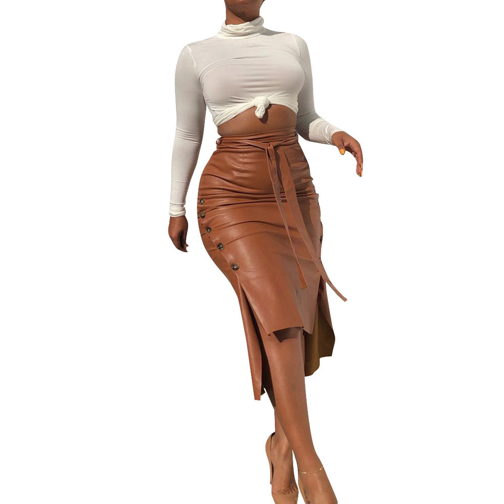 Durable Women's Leather Slit Mid-length Sheath Skirt