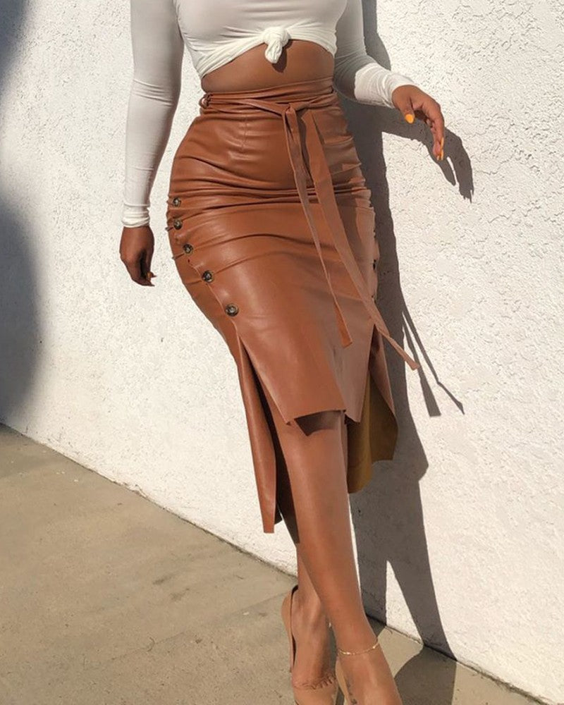 Durable Women's Leather Slit Mid-length Sheath Skirt