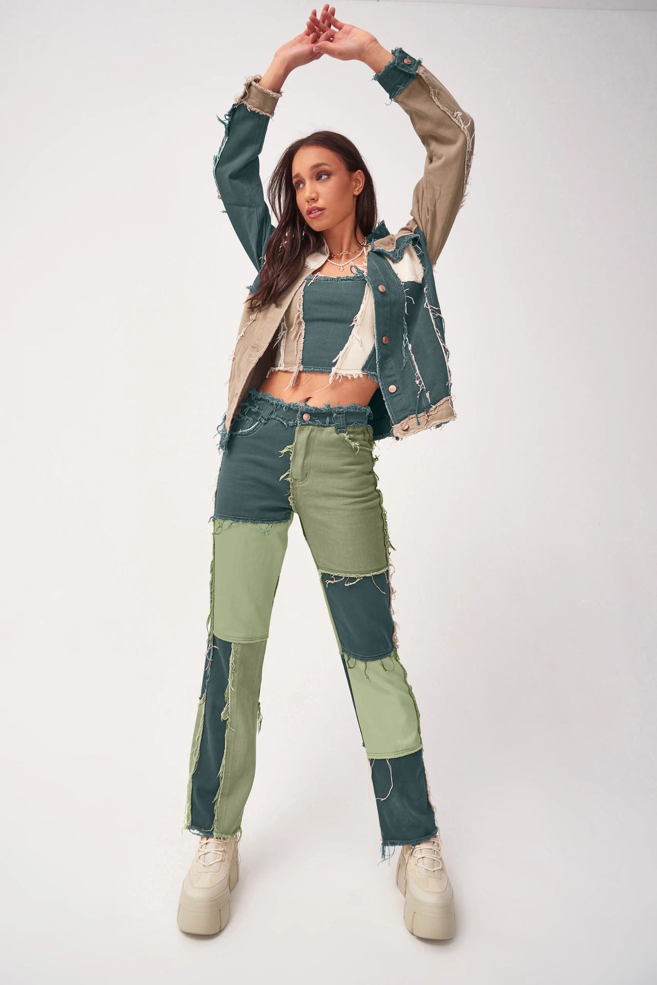 Women's Fashion Mixed Color Stitching High Waist Tight Hip Denim Women's Jeans