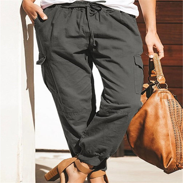 Women's Solid Color Fashion Pocket Cargo High Casual Pants