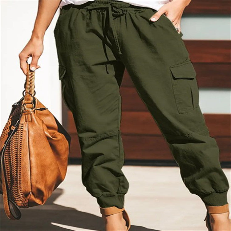 Women's Solid Color Fashion Pocket Cargo High Casual Pants