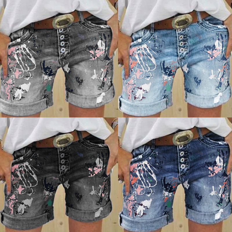 Women's Denim Breasted Slim Hot Half-length Printing Women's Jeans