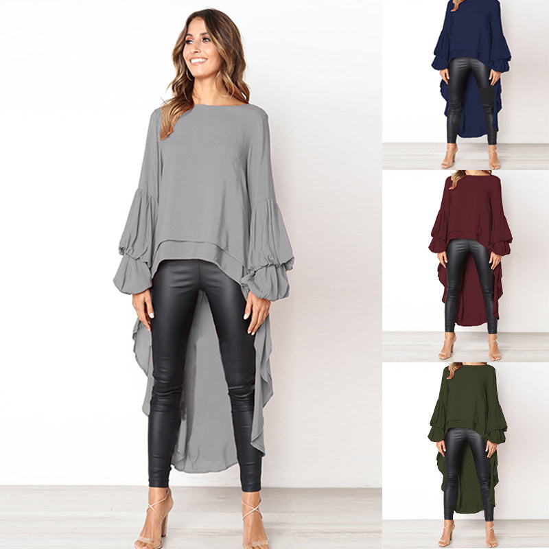 Women's Long Sleeve Pullover Irregular For Lace Shirt, Chiffon Shirt