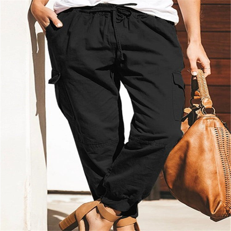 Women's Solid Color Fashion Pocket Cargo High Casual Pants