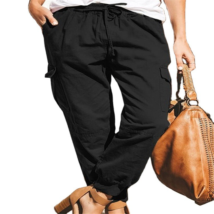 Women's Solid Color Fashion Pocket Cargo High Casual Pants