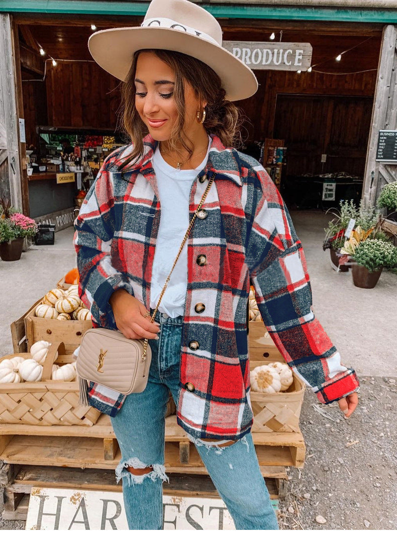 Women's Long Sleeve Lapel Loose Plaid Shirt Coats
