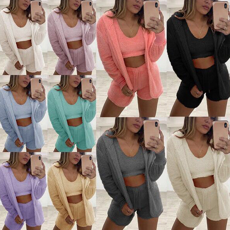 Pajamas Long Sleeve Plush Three-piece Sports Shorts