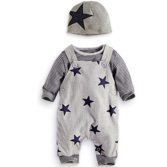 Children's Boys Suspender Trousers Long-sleeved T-shirt Hat Three-piece Children's Suit