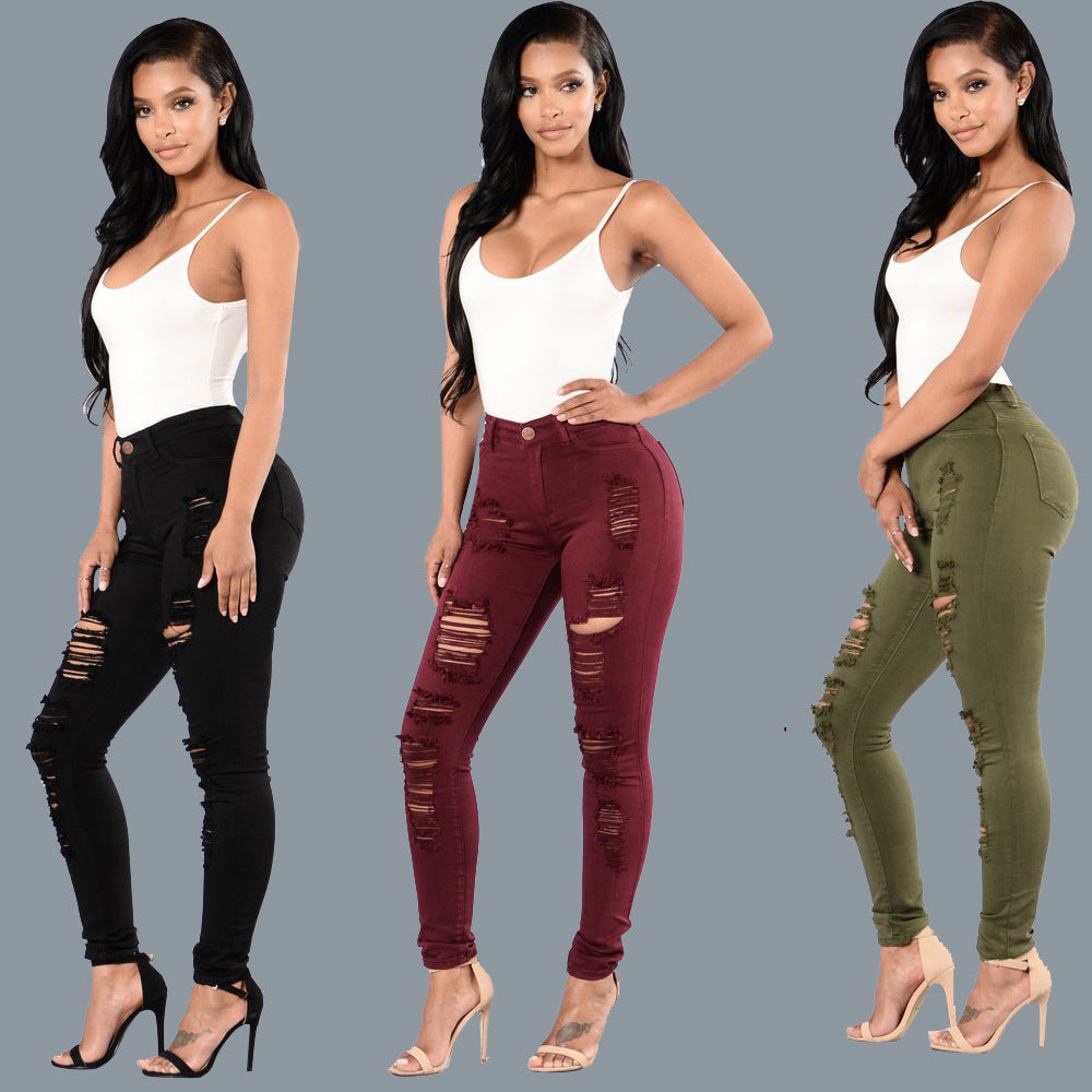 Women's Knee Ripped Slim Skinny Trousers Jeans