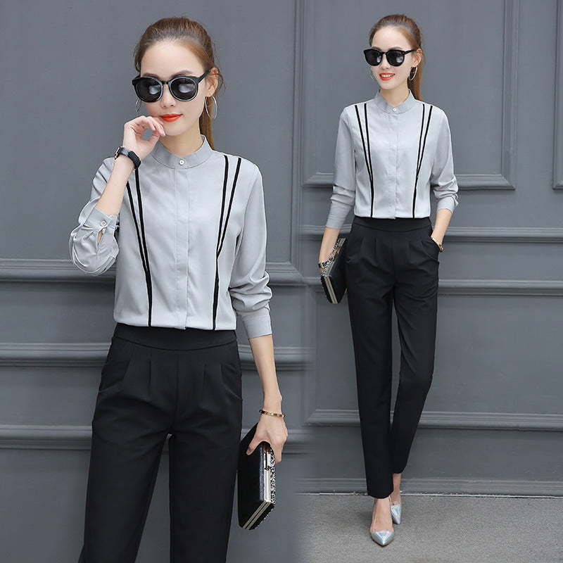 Women's Autumn Stand Collar Long-sleeved Shirt Fleece-lined Striped Western Style Blouses