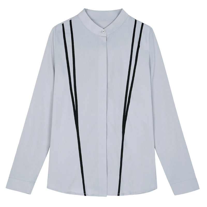 Women's Autumn Stand Collar Long-sleeved Shirt Fleece-lined Striped Western Style Blouses