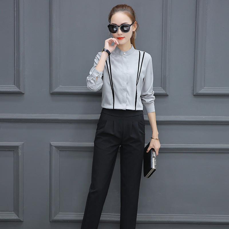 Women's Autumn Stand Collar Long-sleeved Shirt Fleece-lined Striped Western Style Blouses