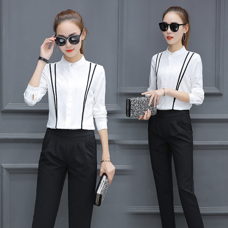 Women's Autumn Stand Collar Long-sleeved Shirt Fleece-lined Striped Western Style Blouses