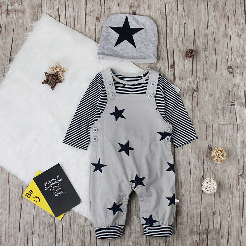 Children's Boys Suspender Trousers Long-sleeved T-shirt Hat Three-piece Children's Suit