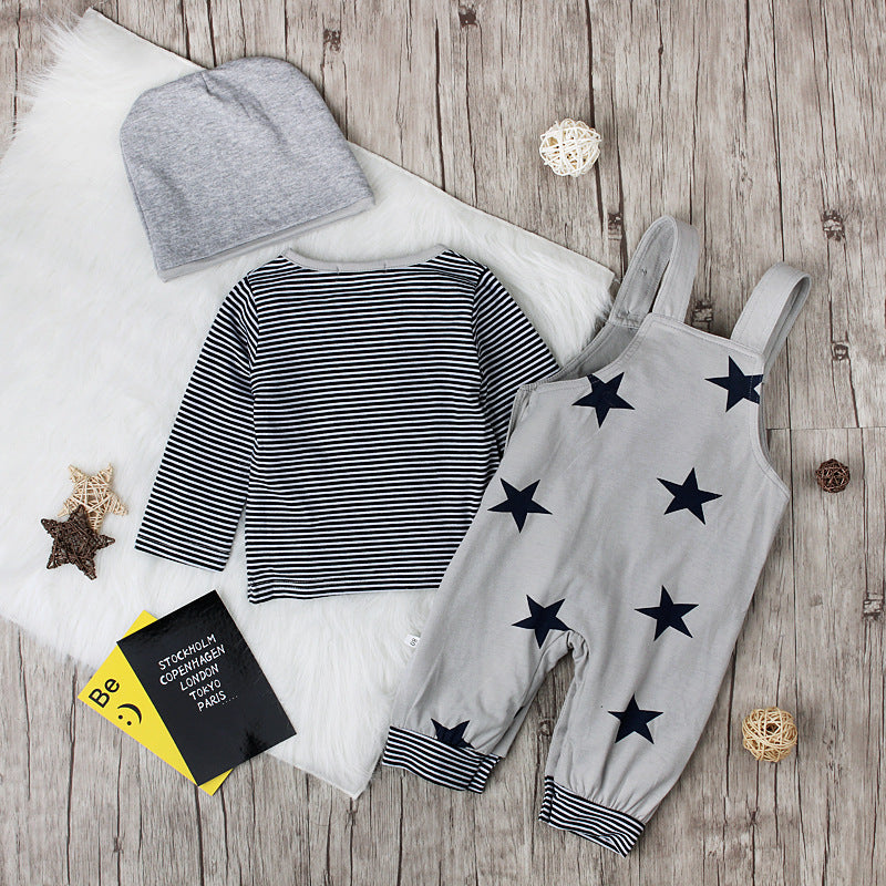 Children's Boys Suspender Trousers Long-sleeved T-shirt Hat Three-piece Children's Suit