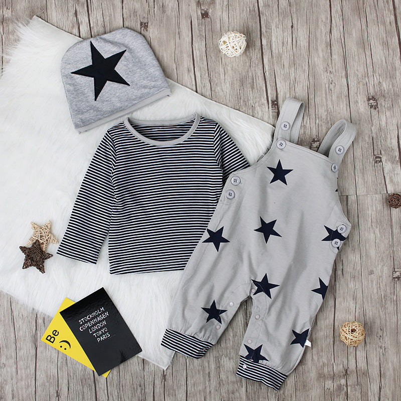 Children's Boys Suspender Trousers Long-sleeved T-shirt Hat Three-piece Children's Suit