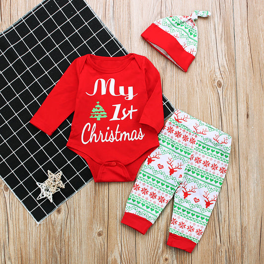Children's Christmas Style Long-sleeved Letter Jumpsuit Romper Children's Suit