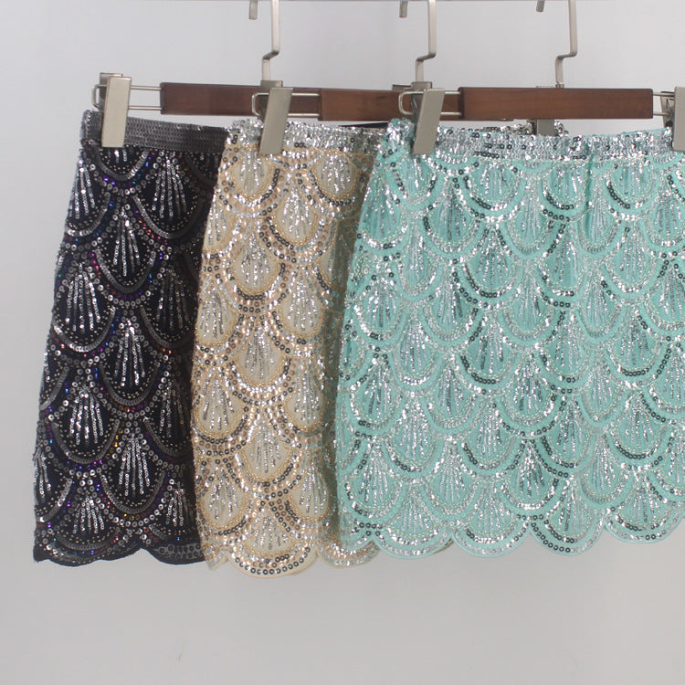 Trendy Wavy Hip Sequined Beaded Dress Skirt