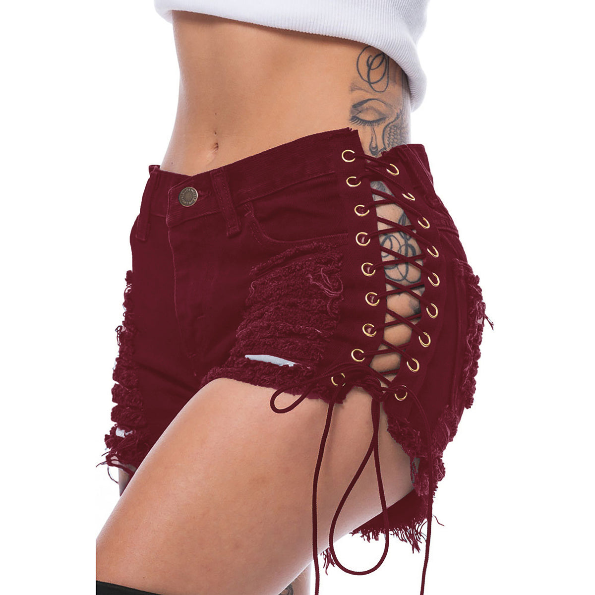 Summer Ripped Fashion Side Bandage Ladies Jeans