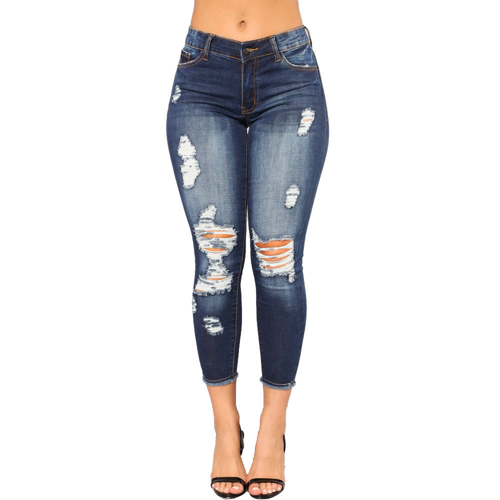 Women's Summer High Elastic Cropped Ripped Skinny Women's Jeans