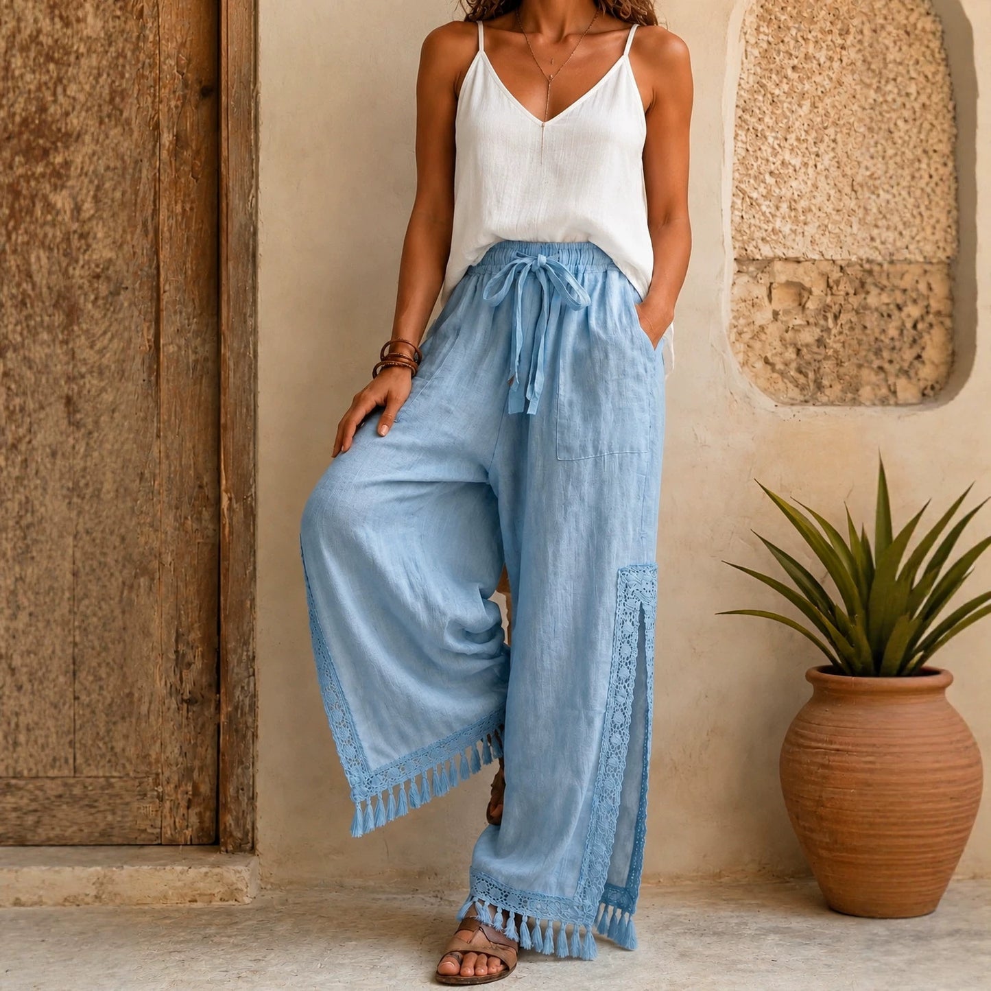 Women's Side Slit Lace Tassel Bohemian Vacation Style Pants