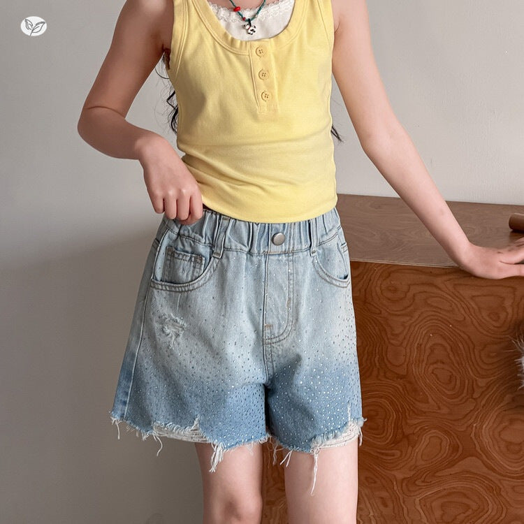 Rhinestone Gradient Denim Shorts Korean Style Ripped Slimming Children's Pants