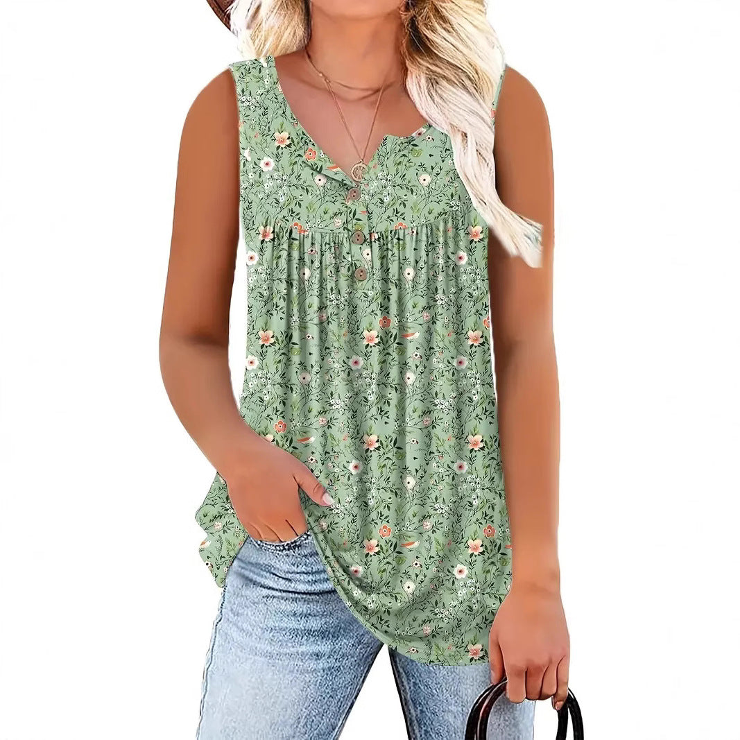 Women's Floral Print Round Neck Knitted Sleeveless Small Vest/suspenders/tube Top