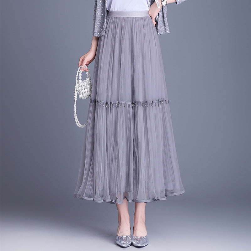 Women's Gauze High Waist Slimming A- Line Beaded Pleated Mesh Mid-length Skirts