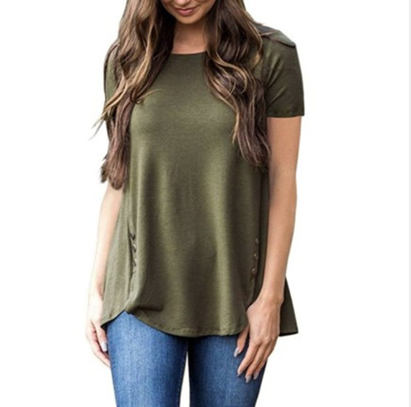 Women's Summer Sleeve Button Round Neck Women's T-shirt