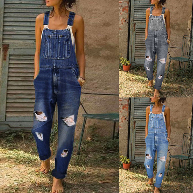 Women's Washed Cut Straight Casual Suspenders Ripped Women's Jeans