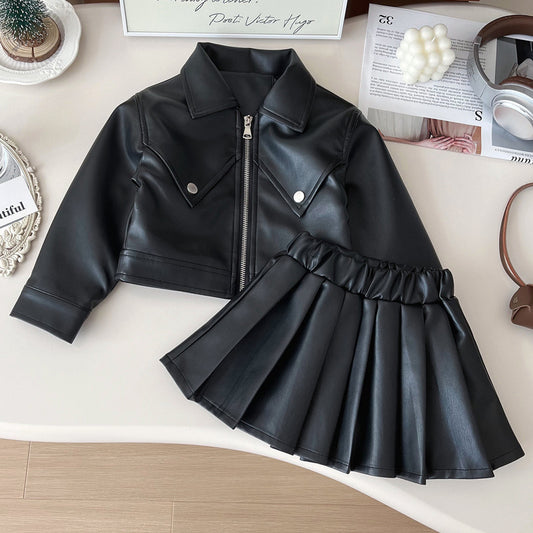 Children's Autumn Leather Little Korean Fashion Motorcycle Clothing Coat Pleated Skirt Children's Suit
