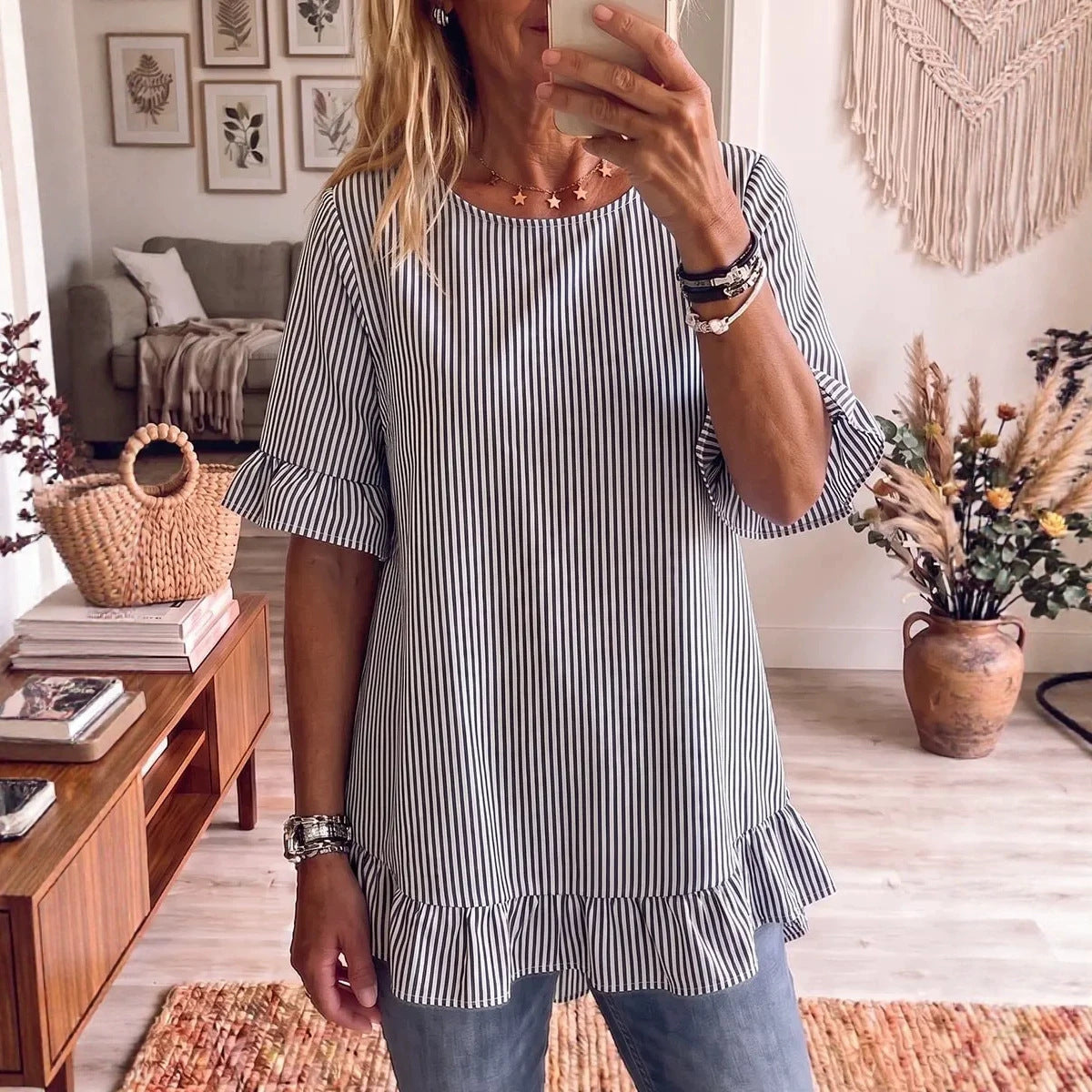 Women's Summer Sleeve Striped Loose Casual Ruffled Women's T-shirt