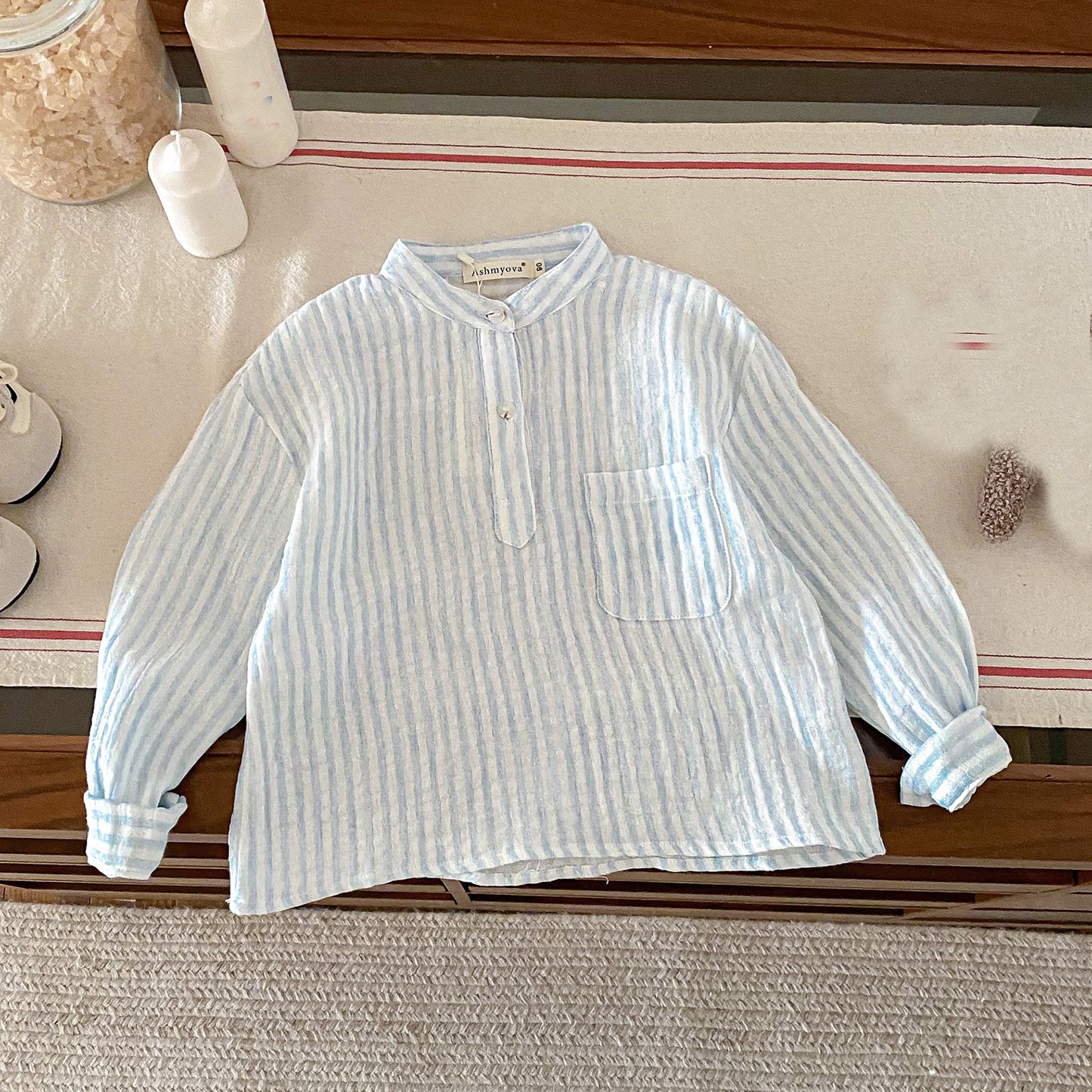 Children's Loose Linen Cotton Long-sleeved Korean Simple Vertical Children's T-shirt