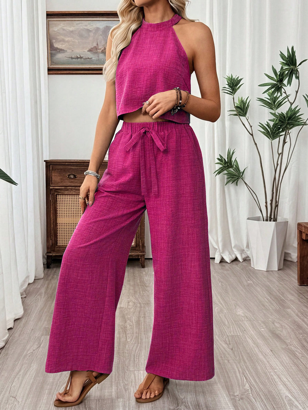 Women's Halter Sleeveless Wide Leg For Two-piece Fashion Casual Suit