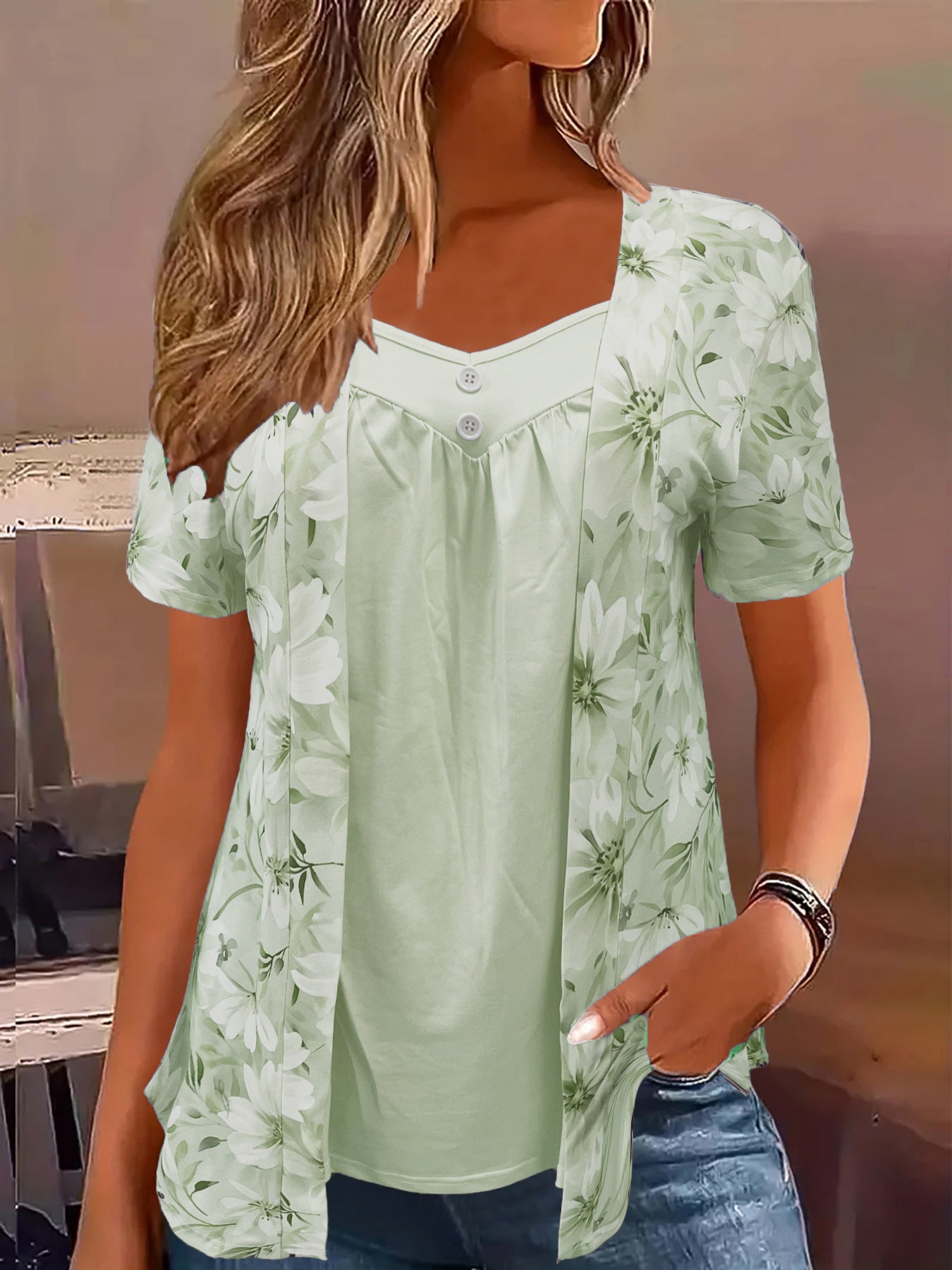 Women's Fake Two Pieces Sleeve Printed Fashion Large Size T-shirt