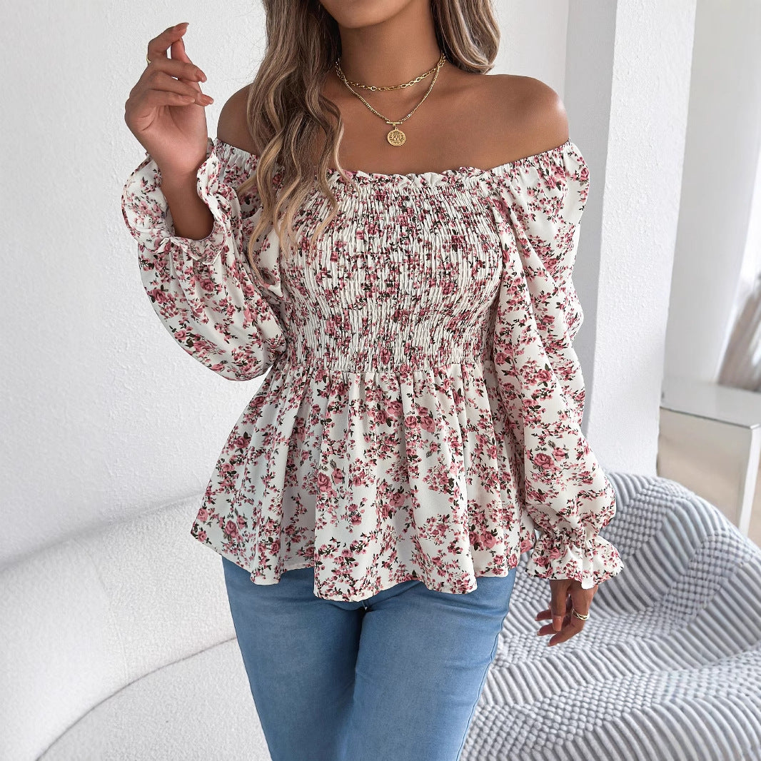 Women's Casual Square Collar Bell Sleeve Floral Blouses