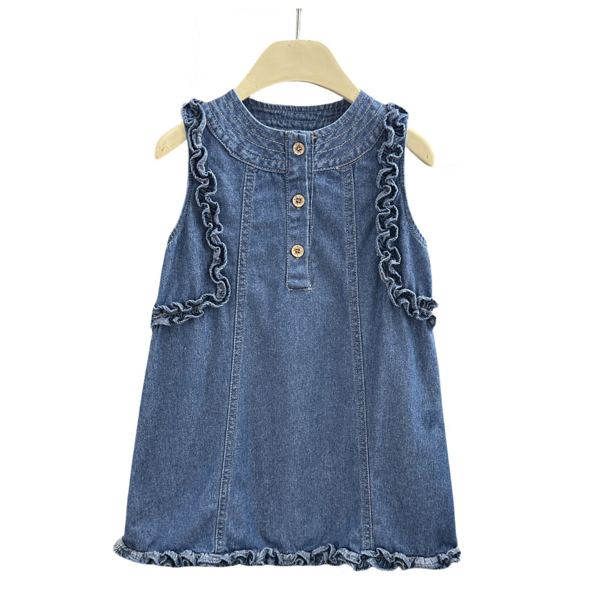 Summer Korean Style Fungus Edge Solid Color Western Classic Denim Children's Dress