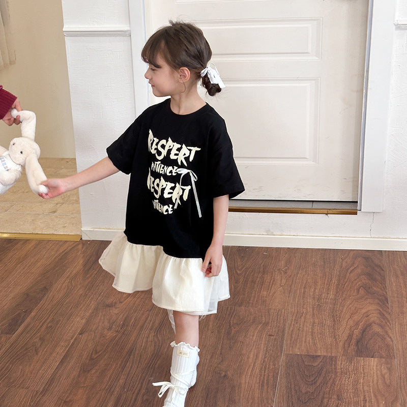Fashionable T-shirt Bow Short-sleeved Letter Fake Children's Dress