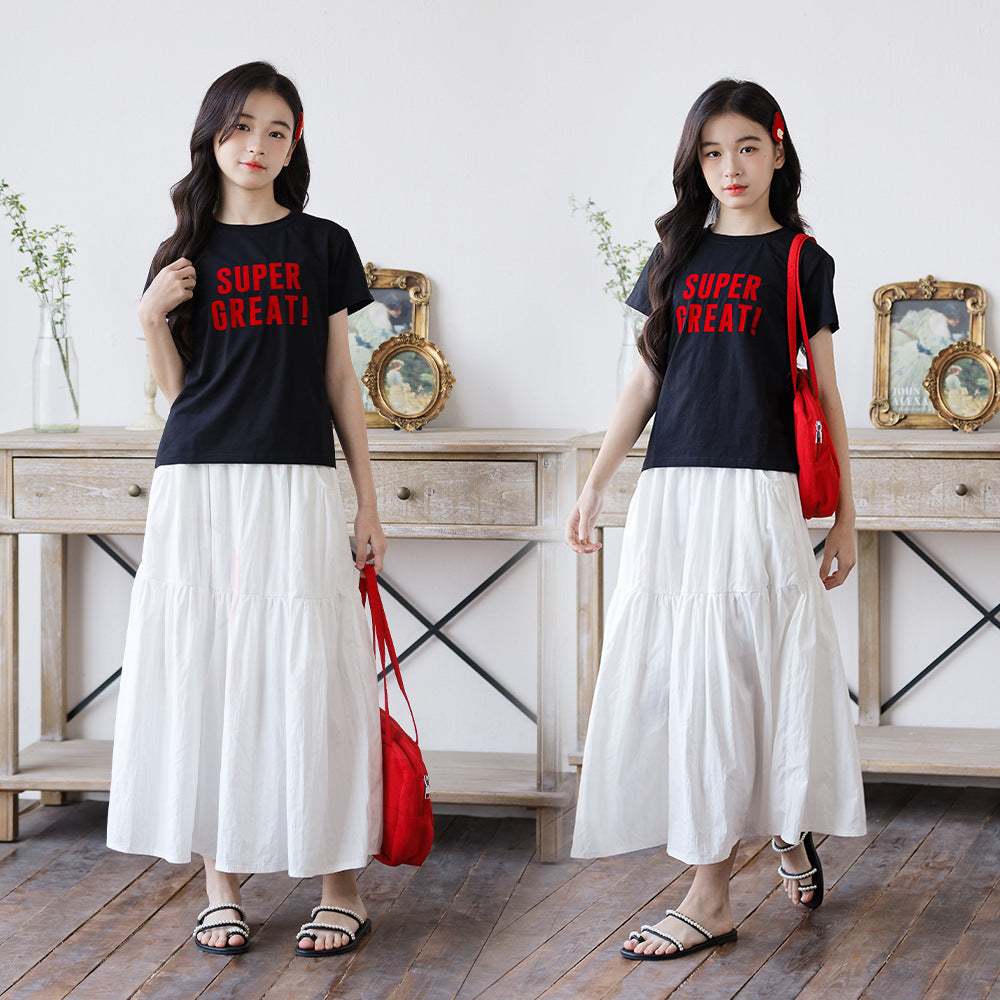 Children's Two-piece Set Small-sized Words Korean Style White Half-length Cake Dress Children's Suit