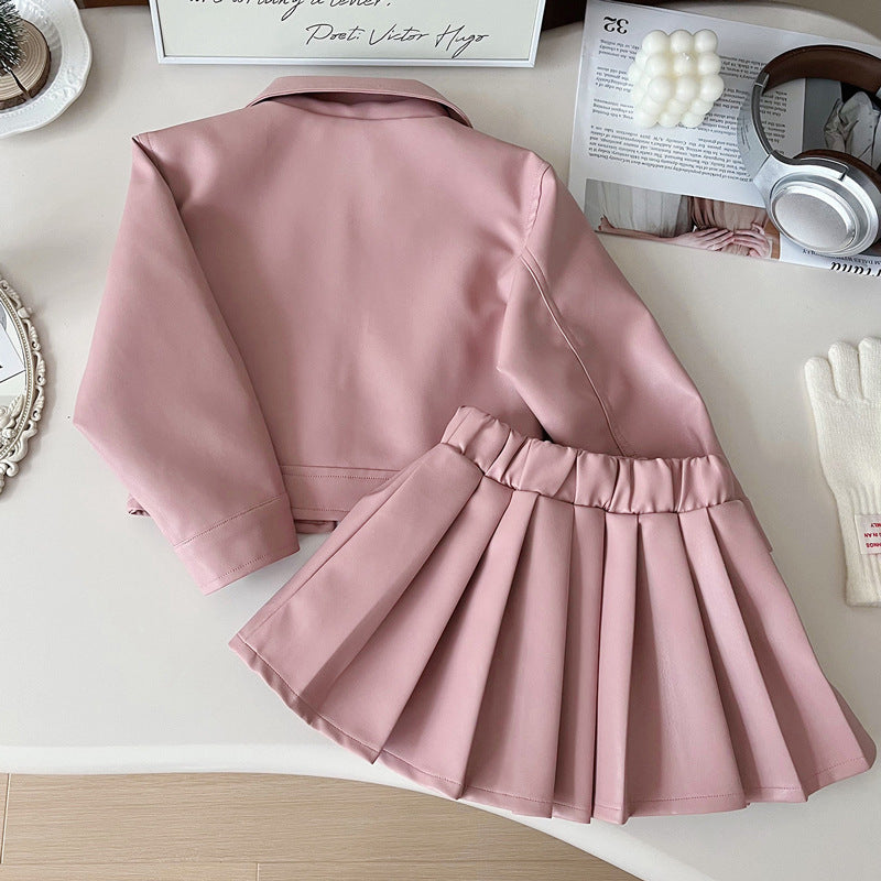 Children's Autumn Leather Little Korean Fashion Motorcycle Clothing Coat Pleated Skirt Children's Suit