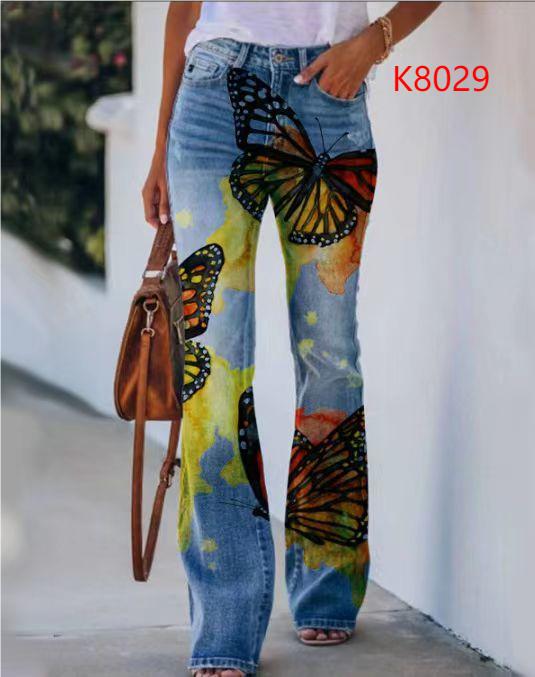 Women's Large Casual Imitation Denim Bell-bottom Floral Pants