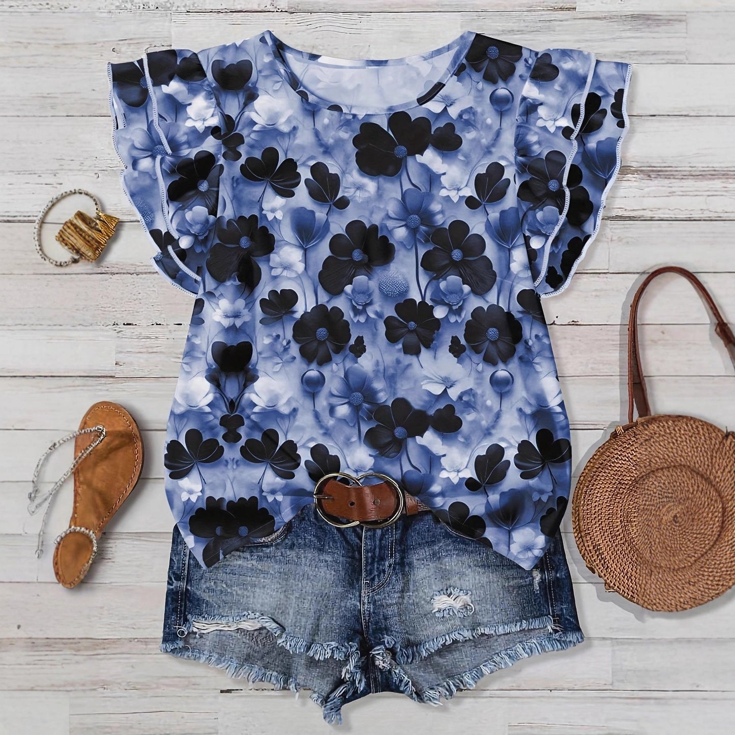 Summer Casual Fashion Floral Printed Round Large Size T-shirt