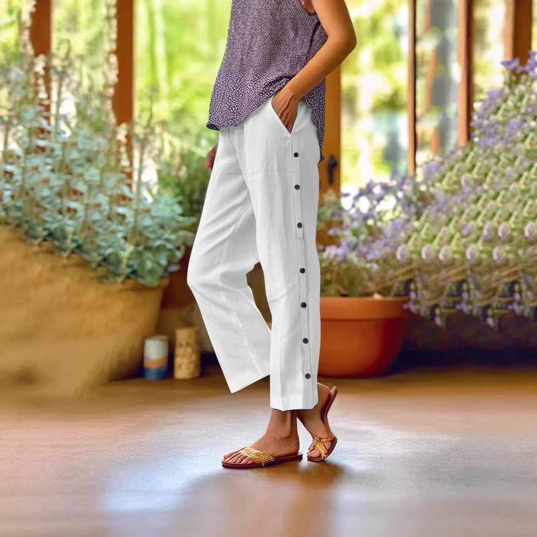 Holiday Slim Looking Cotton Linen Breathable Cropped Featured Fastener Casual Pants