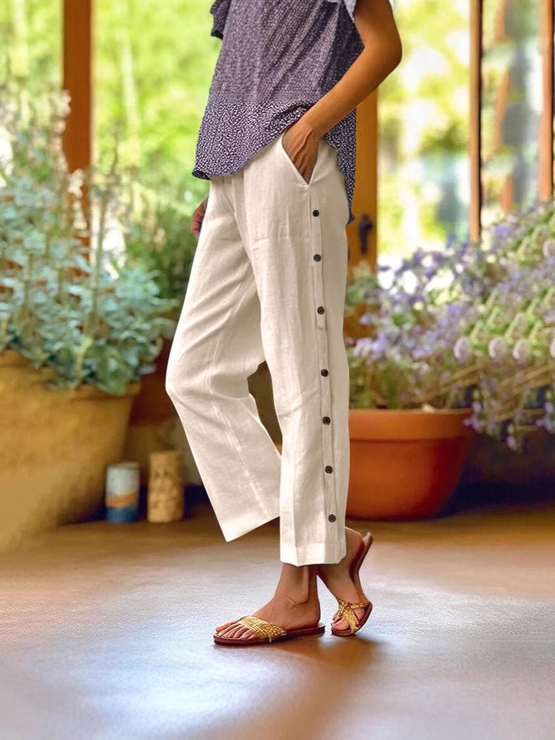 Holiday Slim Looking Cotton Linen Breathable Cropped Featured Fastener Casual Pants