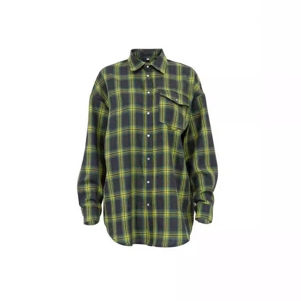 Women's Style Lapel Loose Shirt Plaid Long Sleeve Blouse