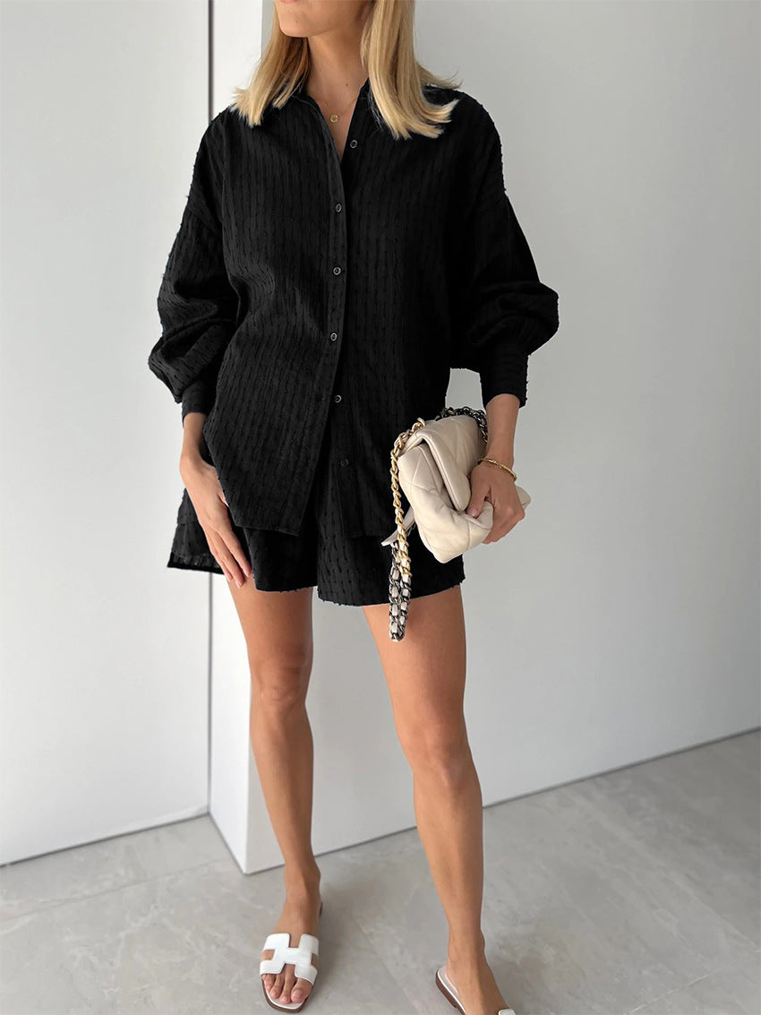 Women's Autumn Shirt Jacquard Puff Sleeve Commuter Fashion Casual Suit