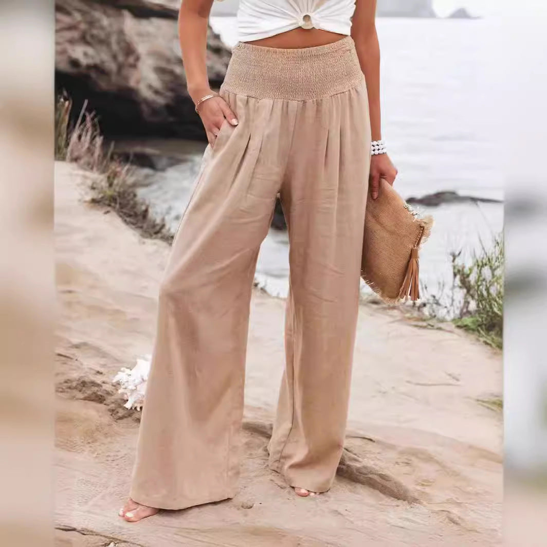 Women's Cotton Linen Pure Color Elastic Waist Wide Leg Casual Pants